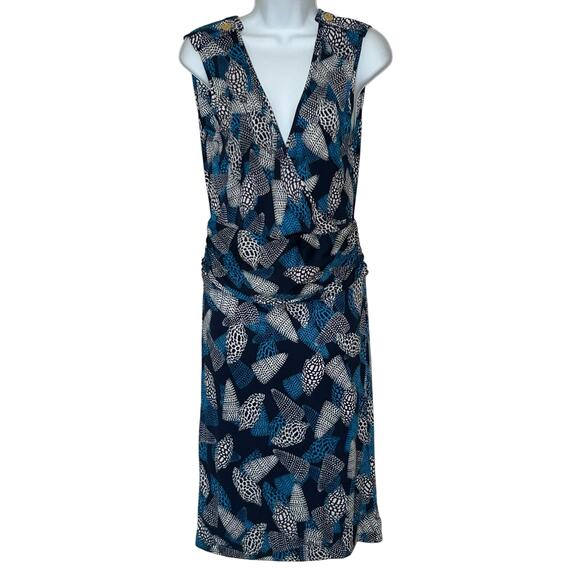 Tory Burch Silk Sleeveless Dress Size S Blue Sea Shells Gold Buttons Faux Wrap - Picture 1 of 9